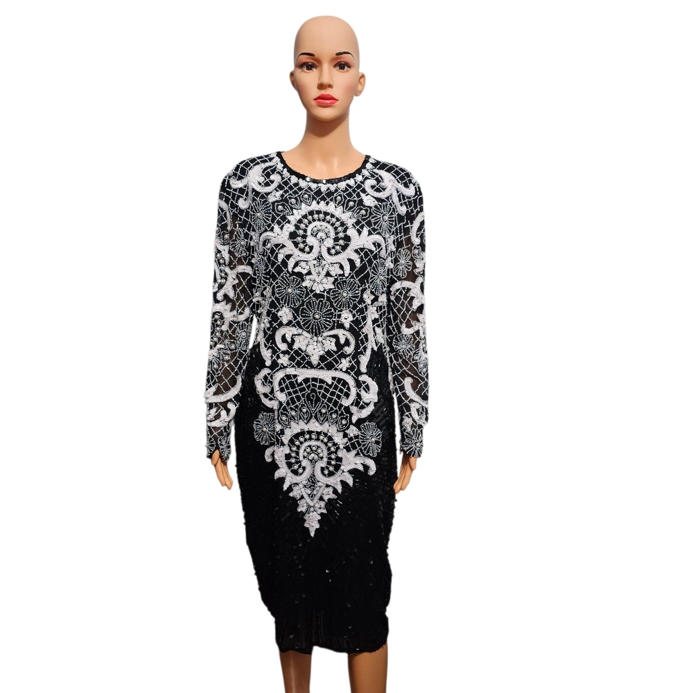 Vintage American Night Pure Silk Beaded and Sequin Long Sleeve Cocktail Dress L